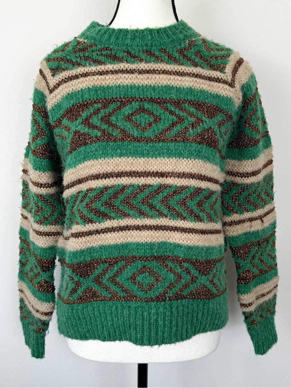 Scotch & Soda Size XS Green Gold Metallic Wool Alpaca Fair Isle Sweater